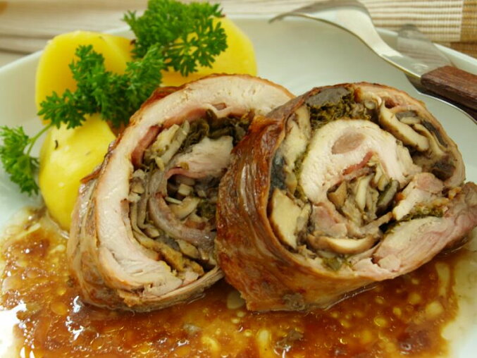 Rabbit Roulade with Mushrooms Wrapped in Caul Fat