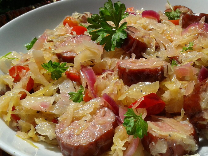 Klobásky v kysaném zelí (Czech Sausages in Sauerkraut)
