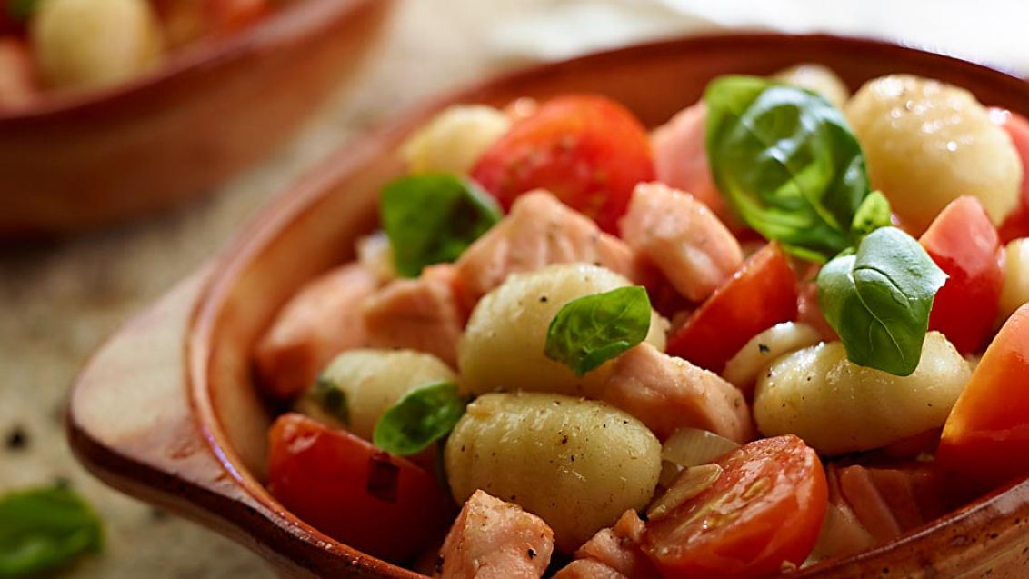 Potato Gnocchi with Salmon, Cherry Tomatoes and Basil