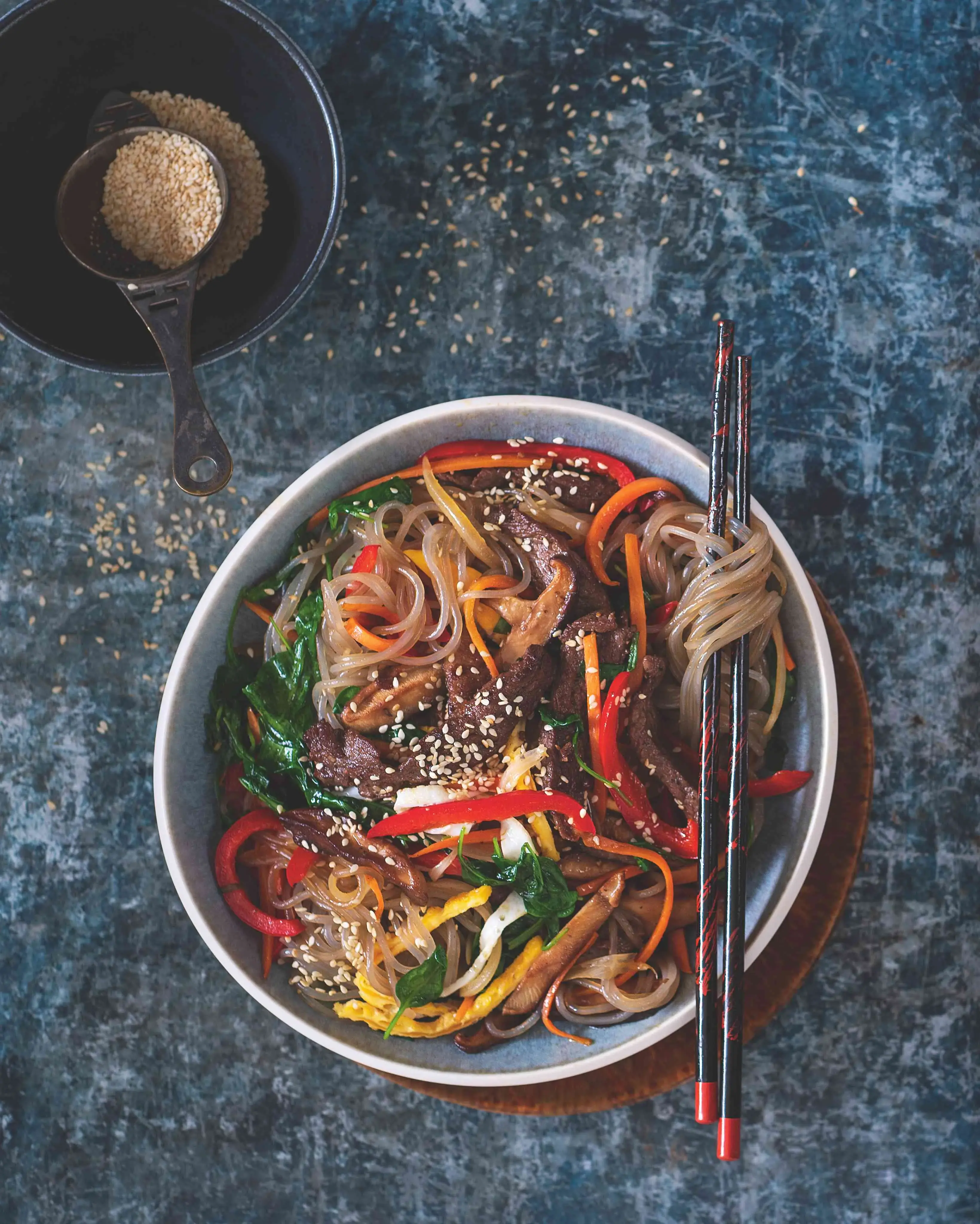 Korean Japchae (Stir-Fried Noodles with Beef and Vegetables)