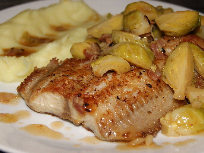 African Catfish with Brussels Sprouts, Bacon and Garlic