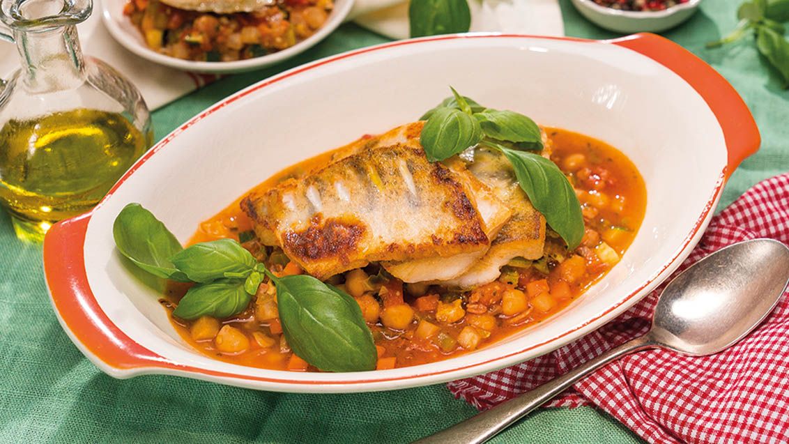 Roasted Zander with Crispy Skin and Minestrone Vegetables