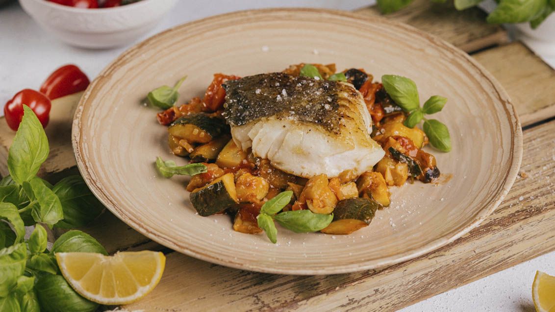 Cod with Tomato Sauce, Sautéed Aubergine and Courgette