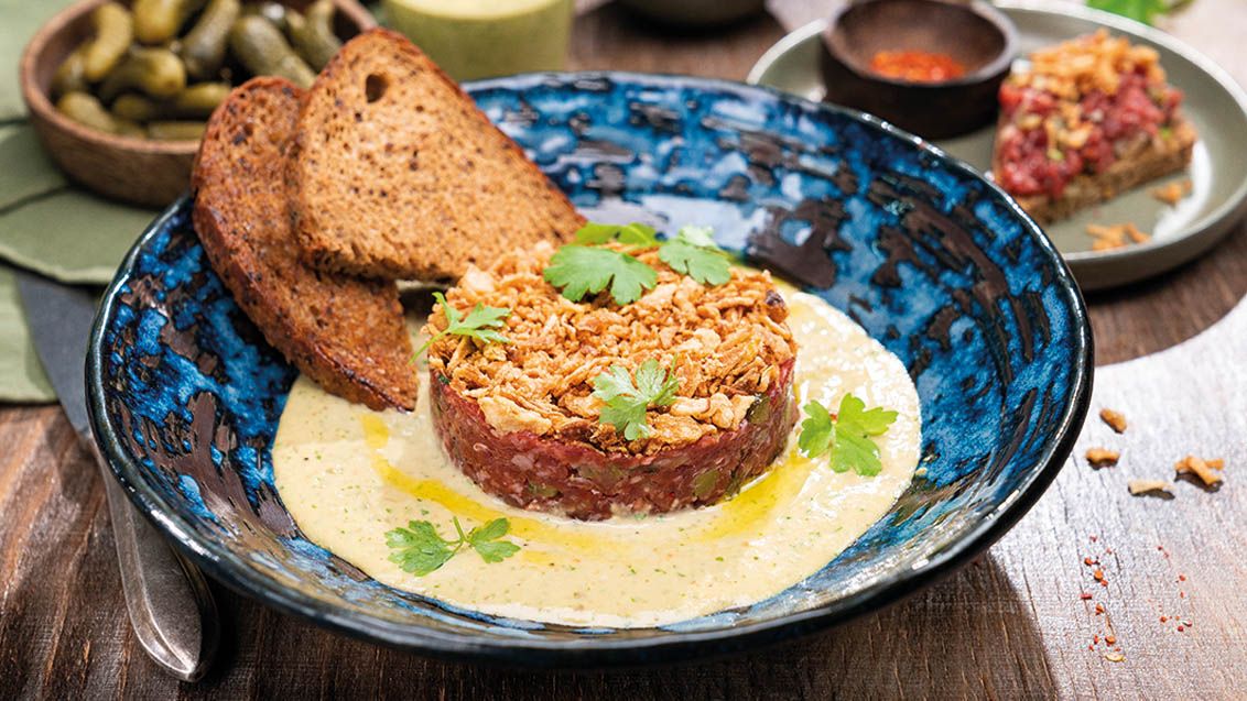 Tatarák (Czech Beef Tartare) with Tuna Sauce and Fried Onions