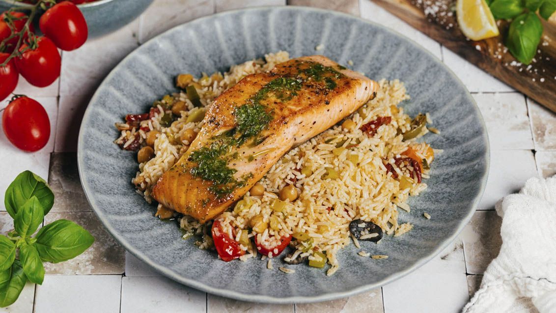 Pan-Fried Salmon with Vegetable Rice and Basil Oil