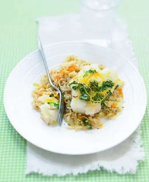 Baked Cod with Carrot Pilaf