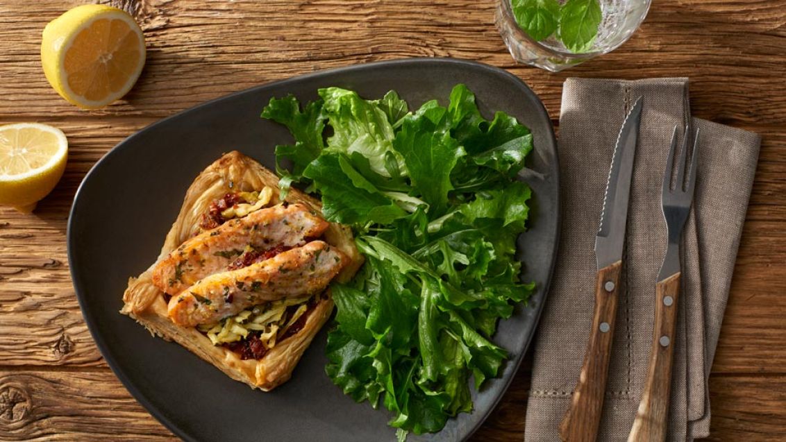 Salmon in Puff Pastry with Courgette and Sun-Dried Tomatoes