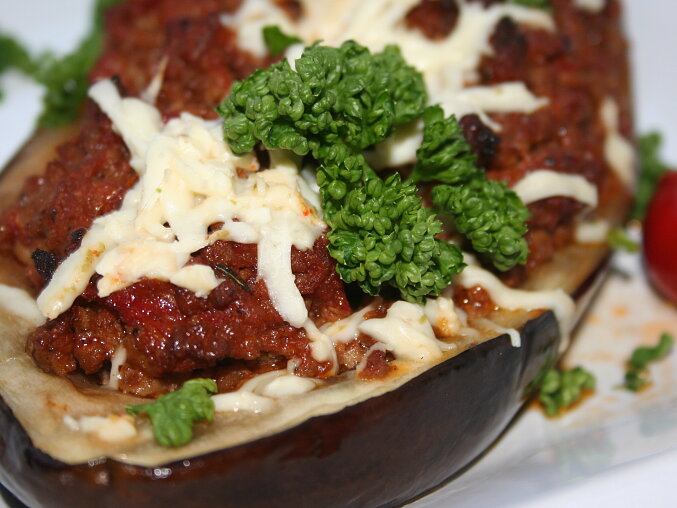Stuffed Aubergine with Spiced Minced Meat and Balkan Cheese