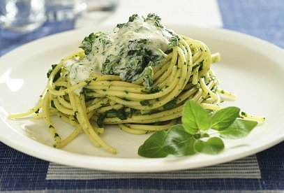 Spaghetti with Creamy Spinach Sauce and Chicken