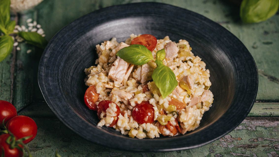 Creamy Salmon Risotto with Basil and Cherry Tomatoes