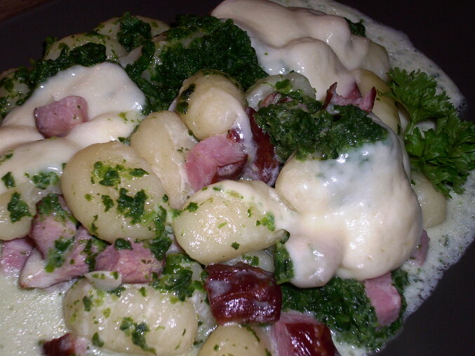 Baked Gnocchi with Smoked Pork Neck, Spinach and Mozzarella