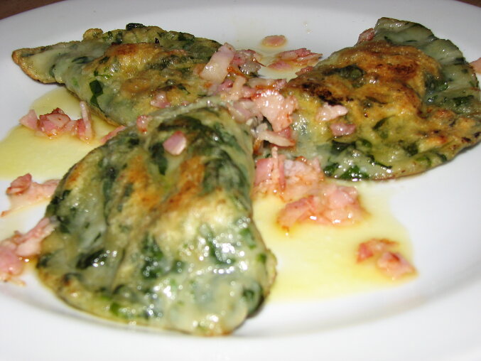 Large Green Pelmeni with Ricotta Filling and Bacon