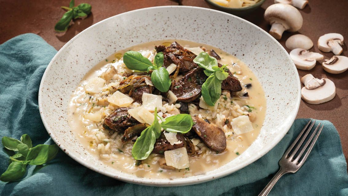 Mushroom Risotto with Flambéed Chicken Livers