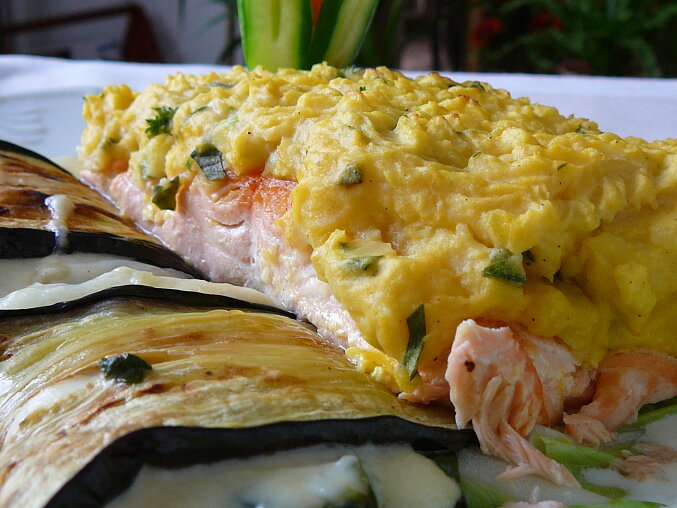 Salmon with Herb Crust and Aubergine Lasagne