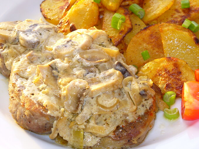 Baked Pork Neck with Mushrooms and Sour Cream