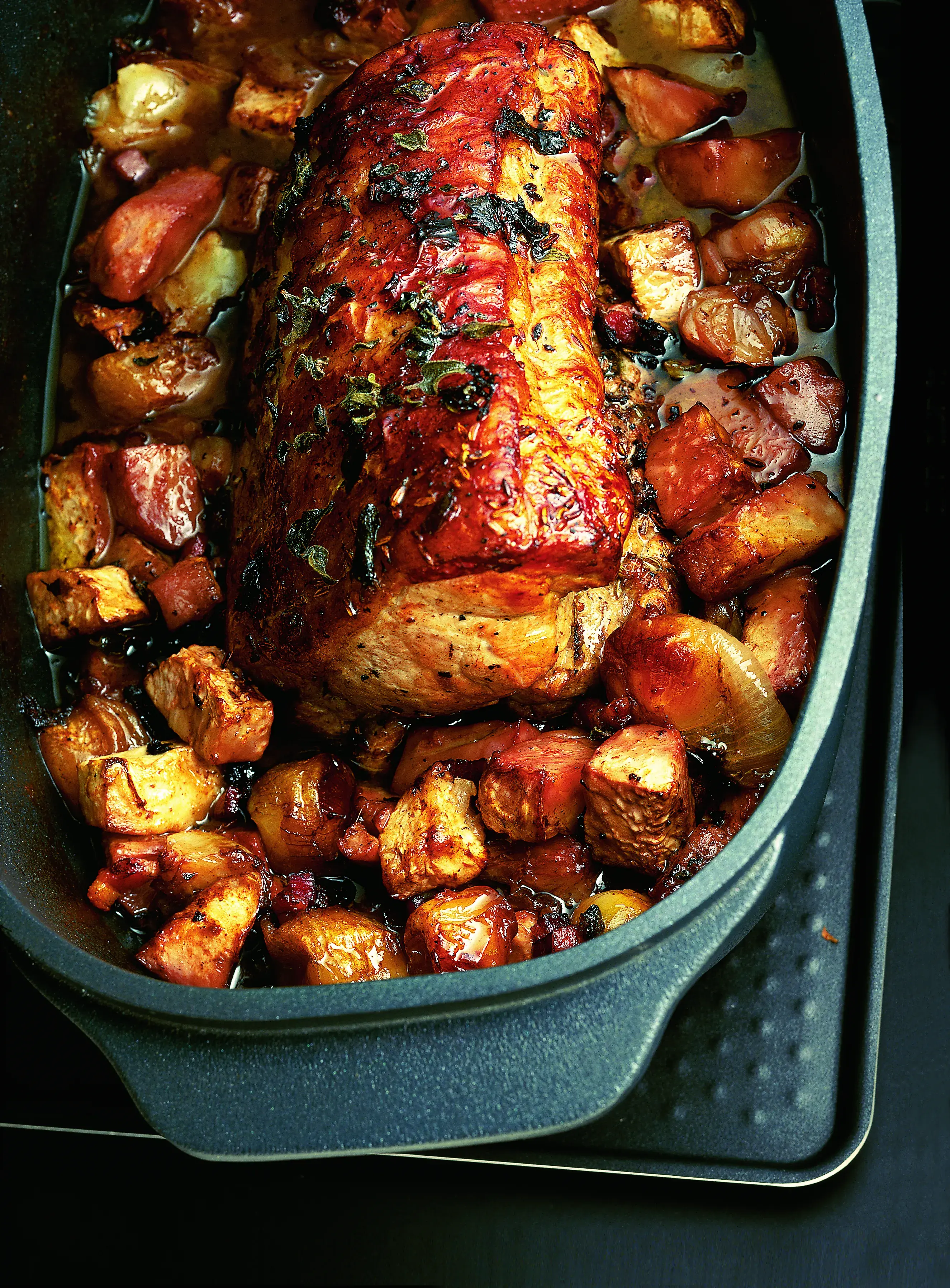 Roast Pork with Celeriac, Shallots and Bacon