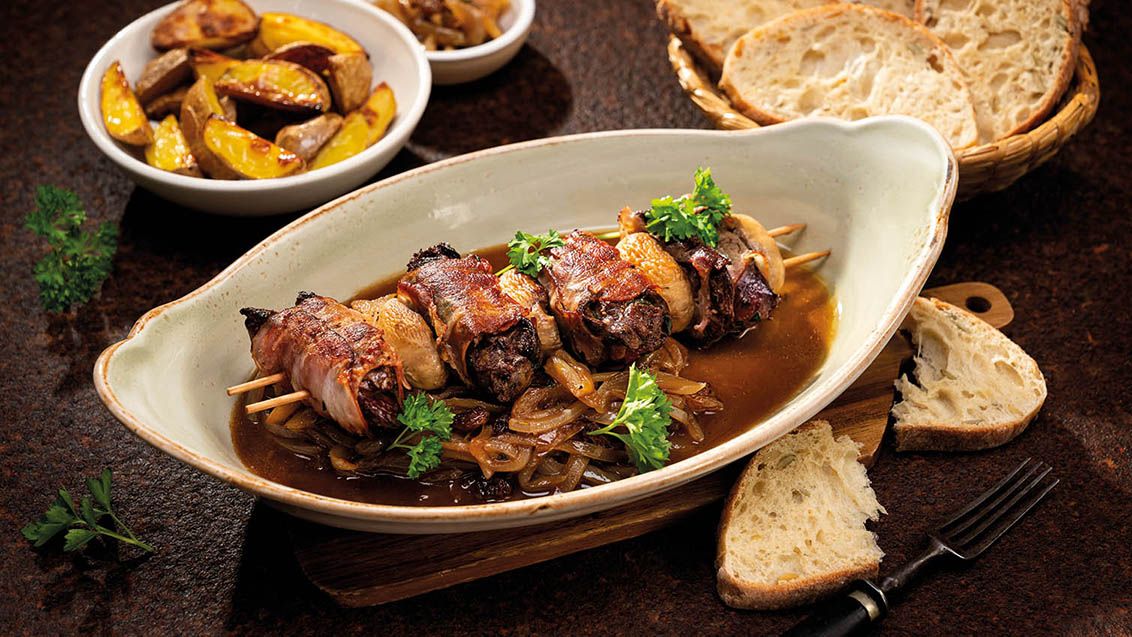 Liver Skewers with Bacon and Balsamic Onions