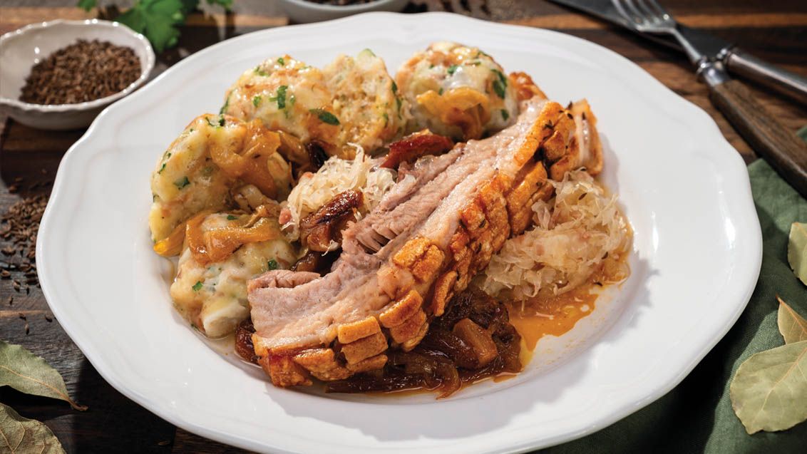 Roast Pork Belly with Sauerkraut and Bacon Dumplings