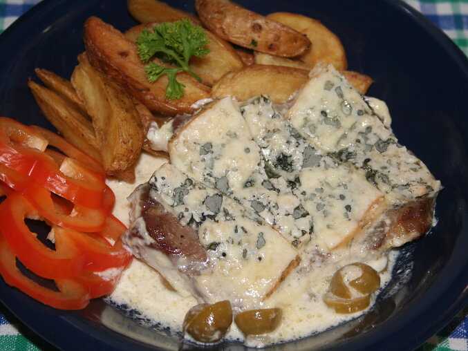 Pork Neck Roasted in Cream with Niva (Czech Blue Cheese) Topping