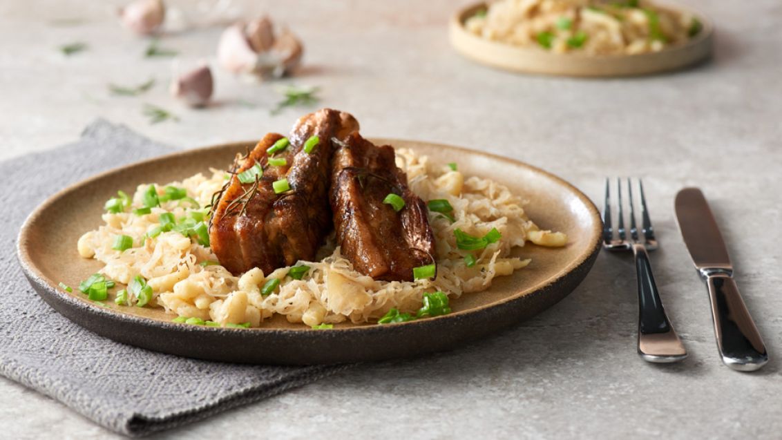 Roast Pork Belly with Sauerkraut and Spätzle