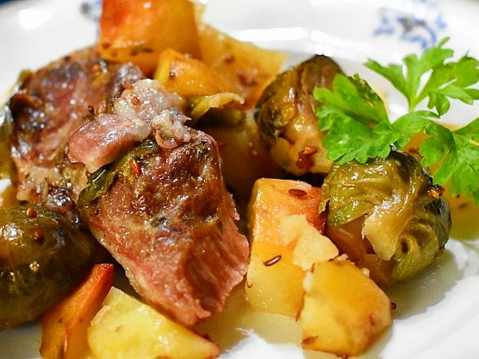Pork Neck Traybake with Brussels Sprouts and Potatoes