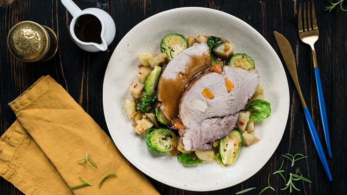 Roast Pork Leg with Brussels Sprouts and Jerusalem Artichokes