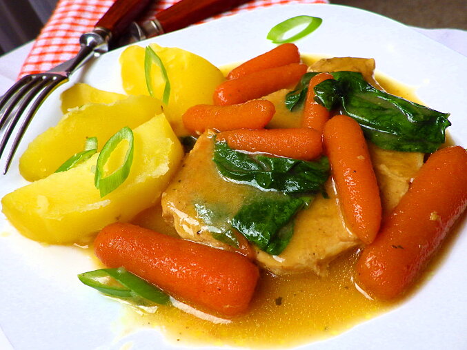 Braised Pork Cutlets with Ginger, Baby Carrots and Spinach