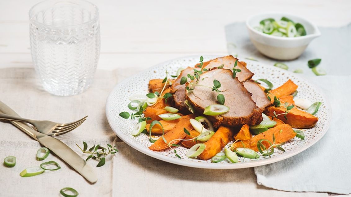 Pork Shoulder in a Spicy Marinade Roasted with Sweet Potatoes