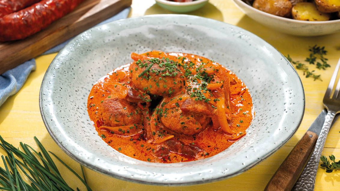 Chicken Meatballs with Chorizo and Roasted Potatoes