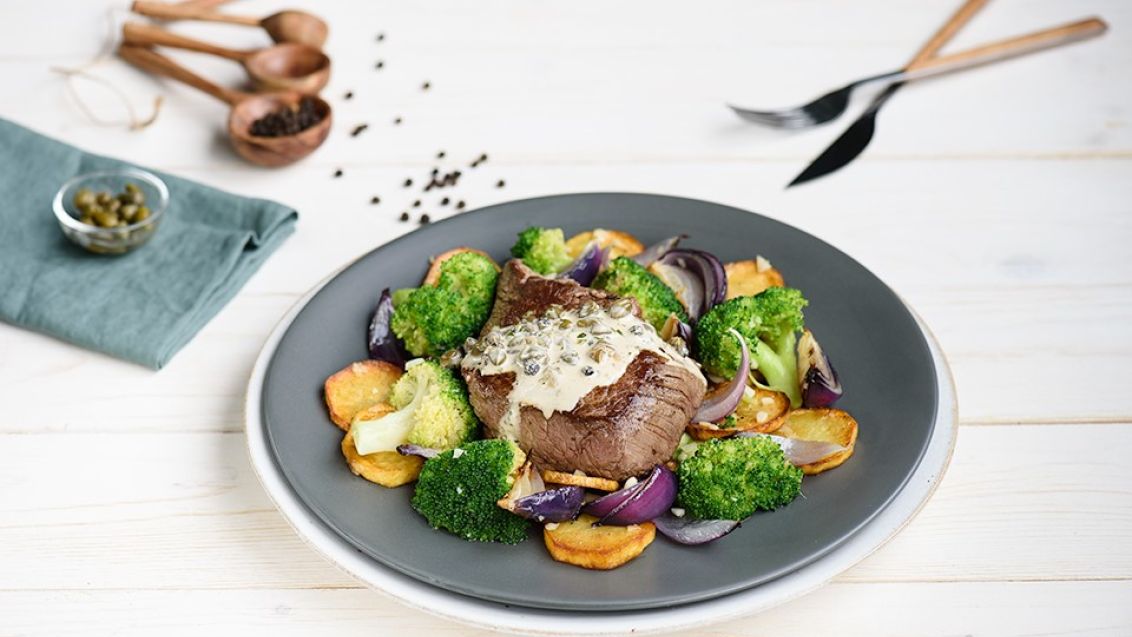 Beef Steak with Peppercorn Sauce, Potatoes and Broccoli