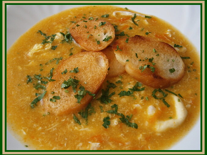 Creamy Czech Garlic Soup with Smoked Meat and Vegetables