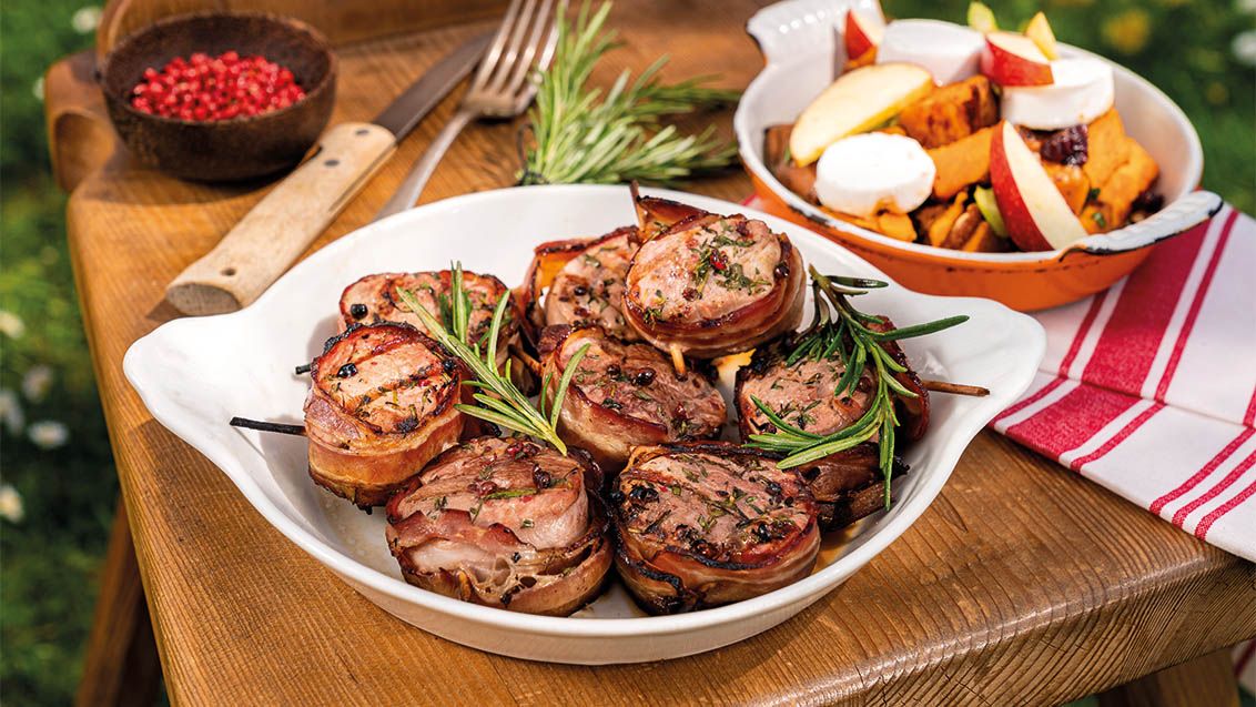 Grilled Pork Tenderloin in Bacon with a Grilled Sweet Potato Salad