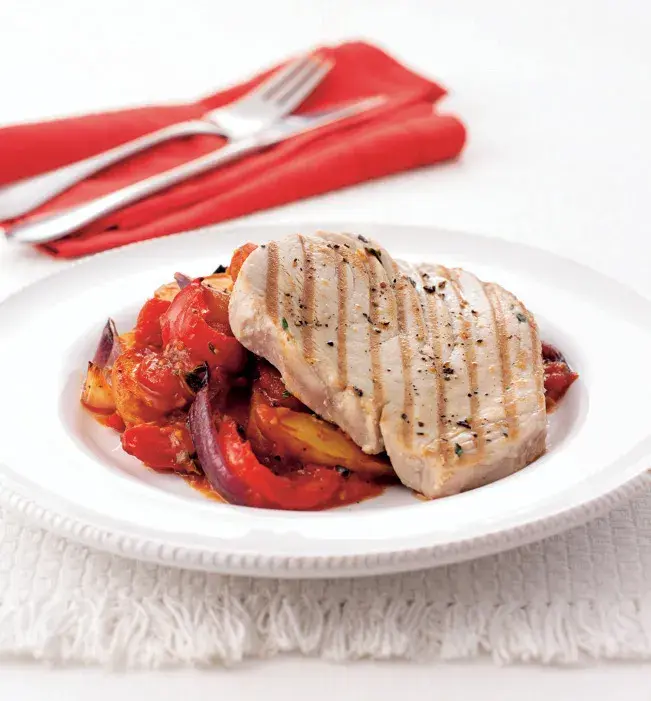 Tuna Steaks with Stewed Tomatoes and Pepper Potatoes
