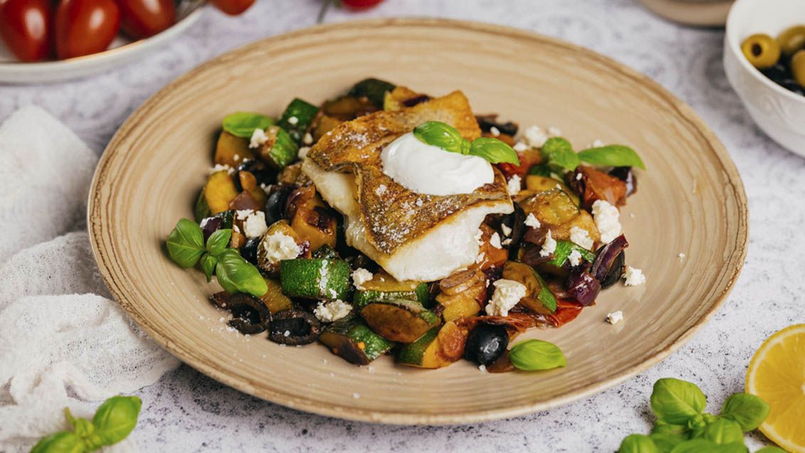 Pan-Fried Pike Perch (Zander) with Greek-Style Vegetables