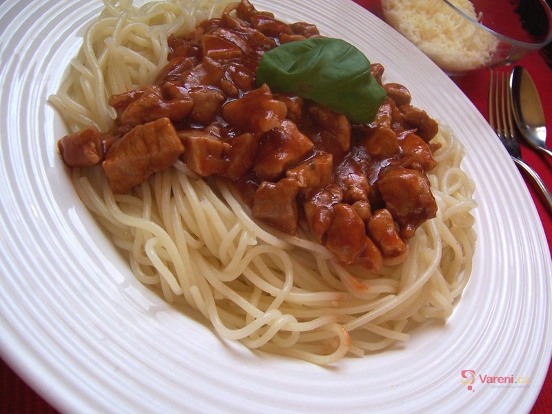 Pork Cubes in Red Sauce on Spaghetti