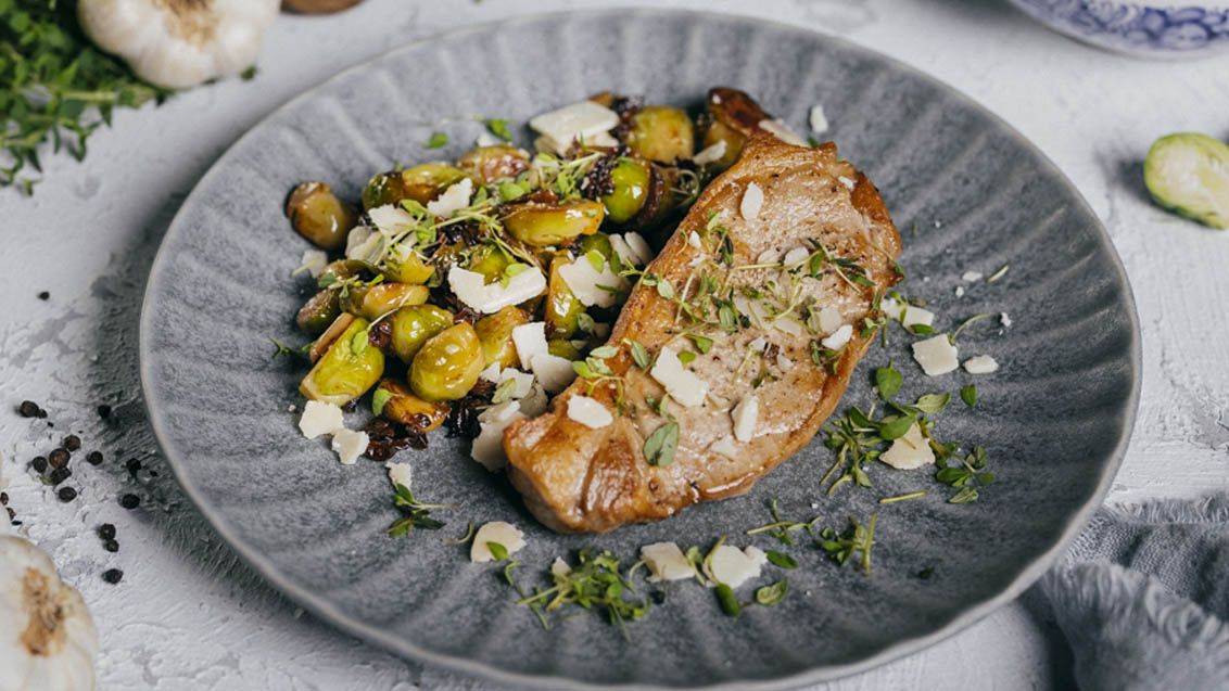 Roast Pork with Brussels Sprouts and Sun-Dried Tomatoes