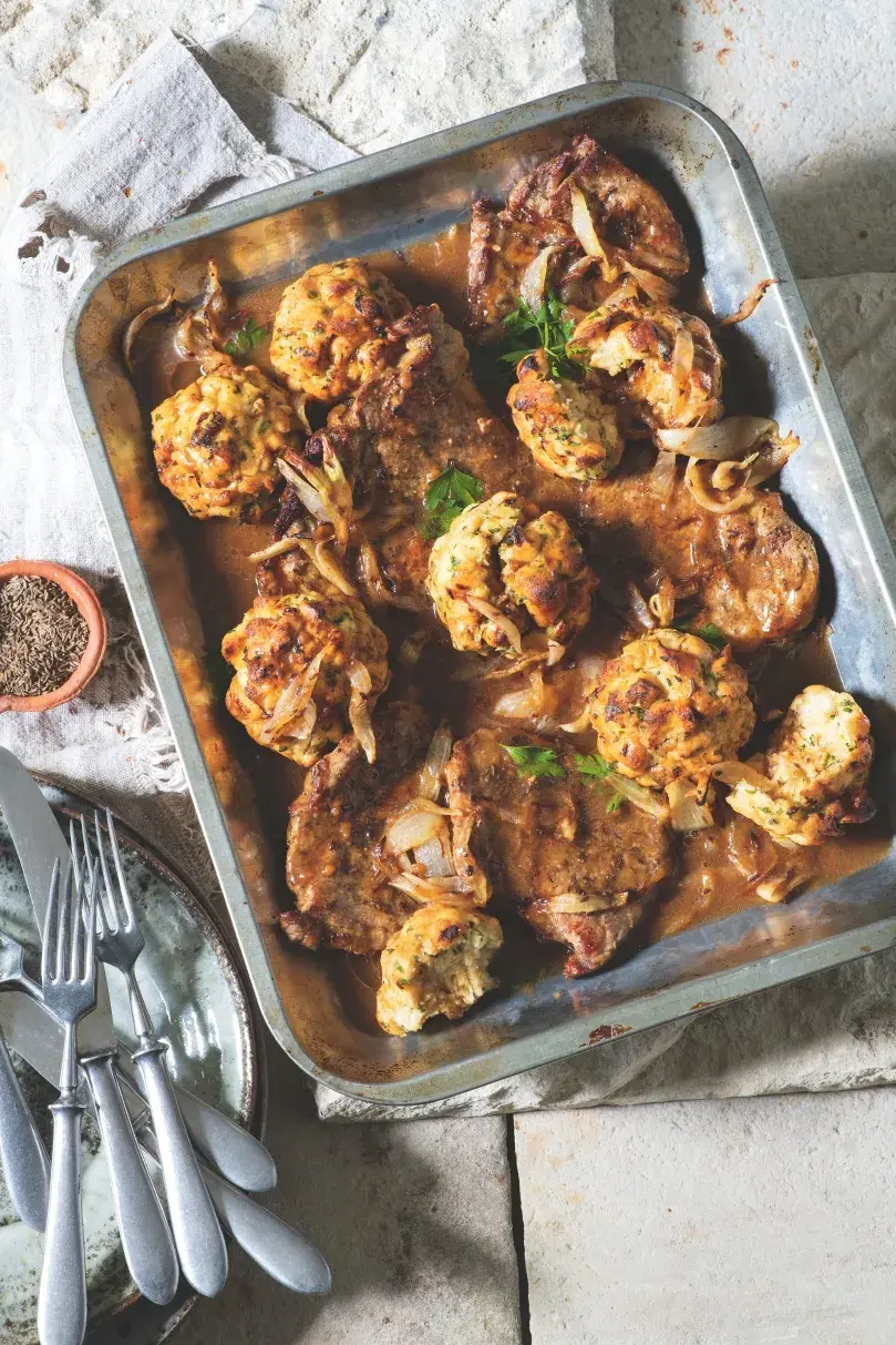 Pork Neck with Caraway and Herby Bread Dumplings