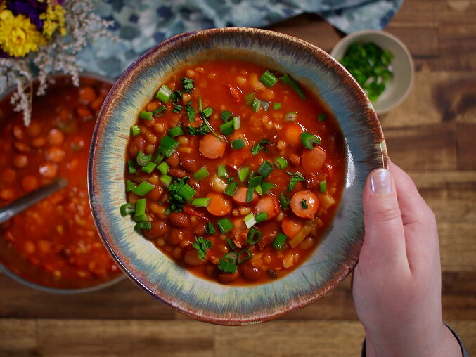 Bean Goulash with Sausages and Colorful Peppers