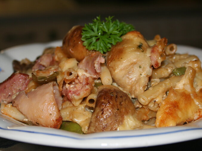 Pasta with Roasted Mushrooms and Smoked Chicken